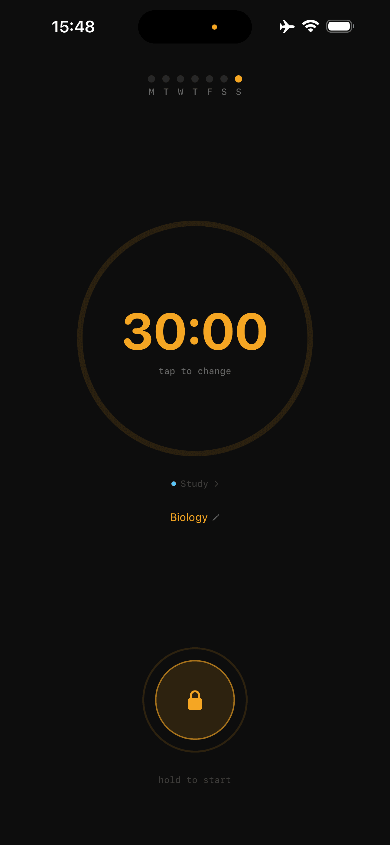 Lockd home screen with the focus timer ready to start